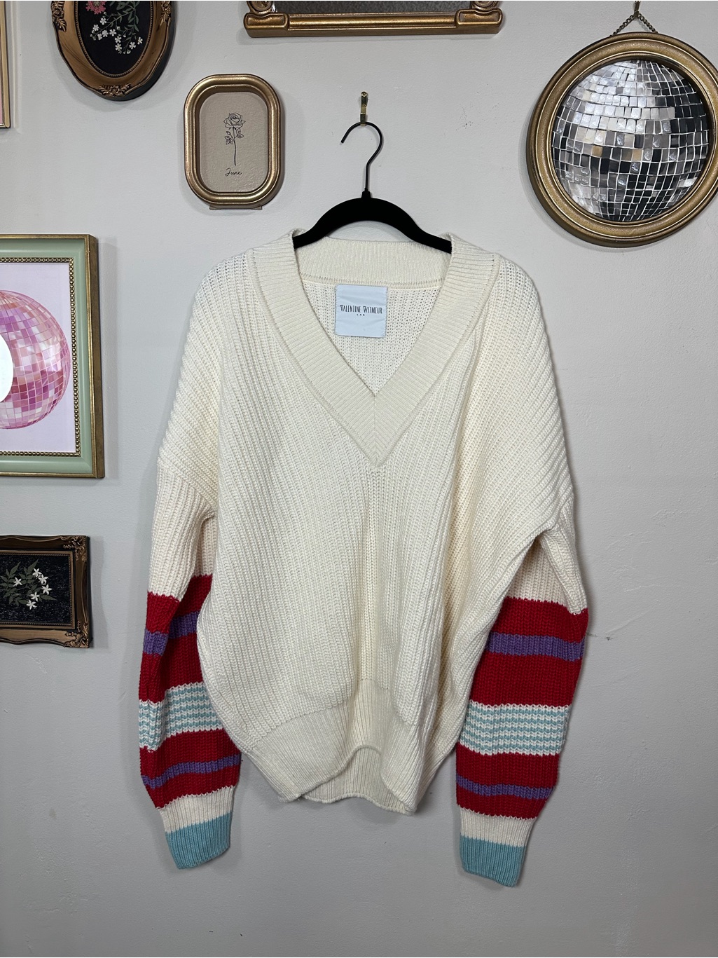 Cream V-Neck Sweater With Red, Blue & Teal Striped Sleeves